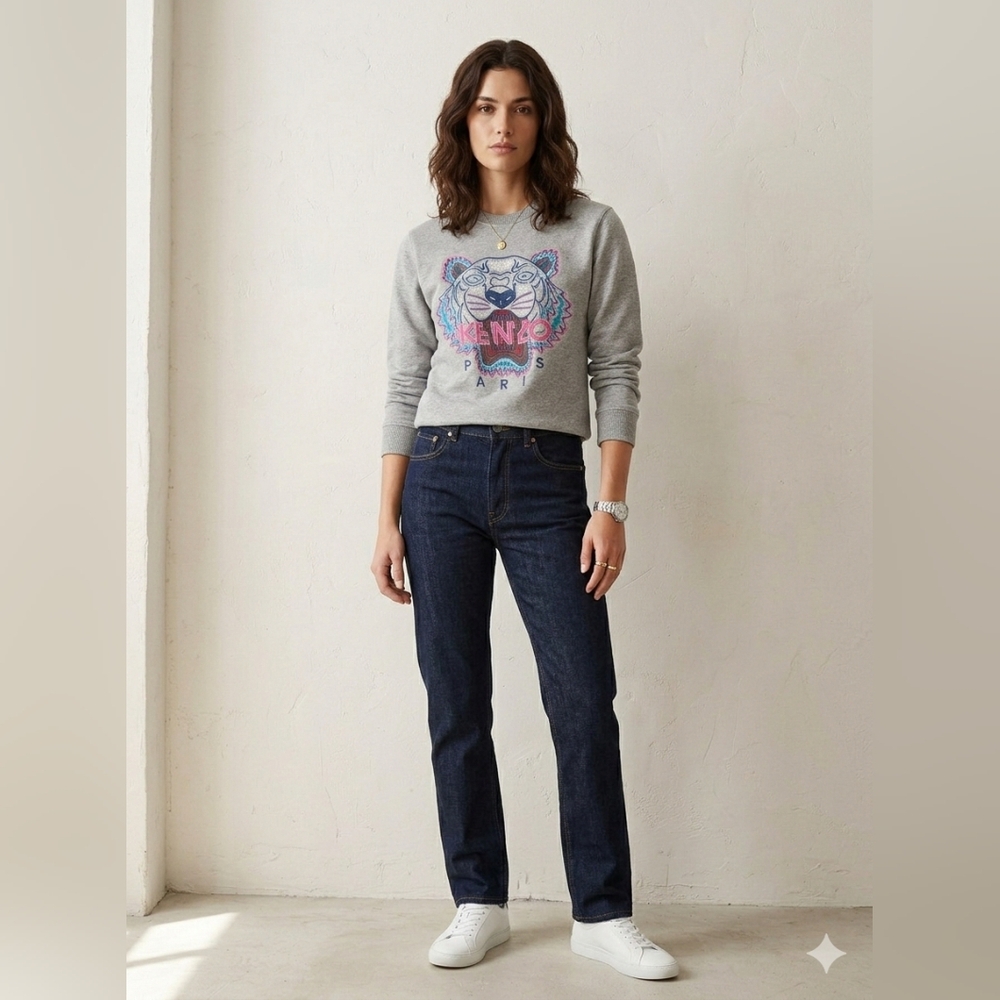 KENZO Grey Crewneck Tiger Embroidered Sweatshirt. Unisex. XS-M. PTP 19".